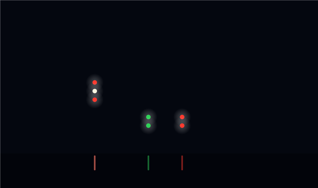 Navigation lights of a dredger with an obstruction (RAM at work) at night, seen from her starboard bow: red all-round light (upper, RAM), white all-round light (middle, RAM), red all-round light (lower, RAM), red all-round light over the obstruction (upper), red all-round light over the obstruction (lower), green all-round light on the clear side (upper), green all-round light on the clear side (lower)