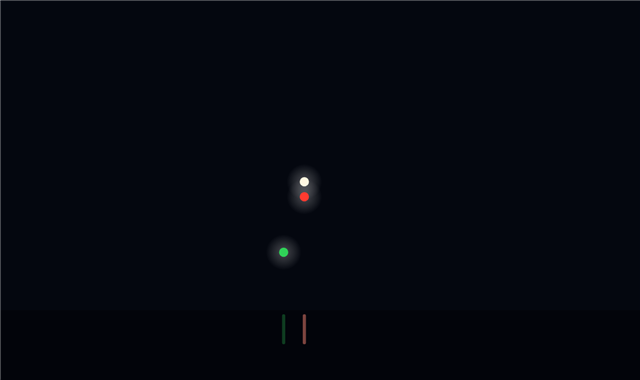 Navigation lights of a pilot vessel on duty at night, seen from her starboard bow: white all-round light (upper, at the masthead), red all-round light (lower, at the masthead), green sidelight (starboard)