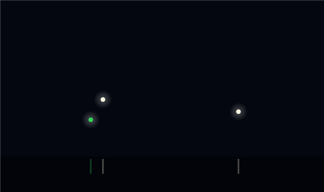 Navigation lights of a power-driven vessel underway at night, seen from her starboard bow: white forward masthead light, white after masthead light, higher and abaft (50 m and over), green sidelight (starboard)
