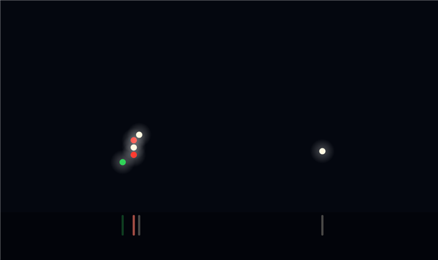 Navigation lights of a vessel restricted in ability to manoeuvre (RAM) at night, seen from her starboard bow: red all-round light (upper), white all-round light (middle), red all-round light (lower), white forward masthead light (when making way), white after masthead light (when making way, 50 m and over), green sidelight (when making way)