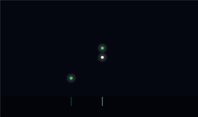 Navigation lights of a vessel engaged in trawling at night, seen from her starboard bow: green all-round light (upper), white all-round light (lower), green sidelight (when making way)